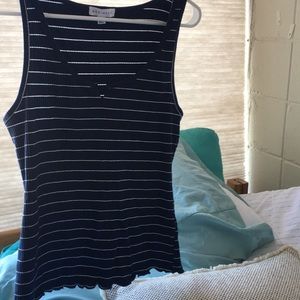 Blue tank top with thin white stripes